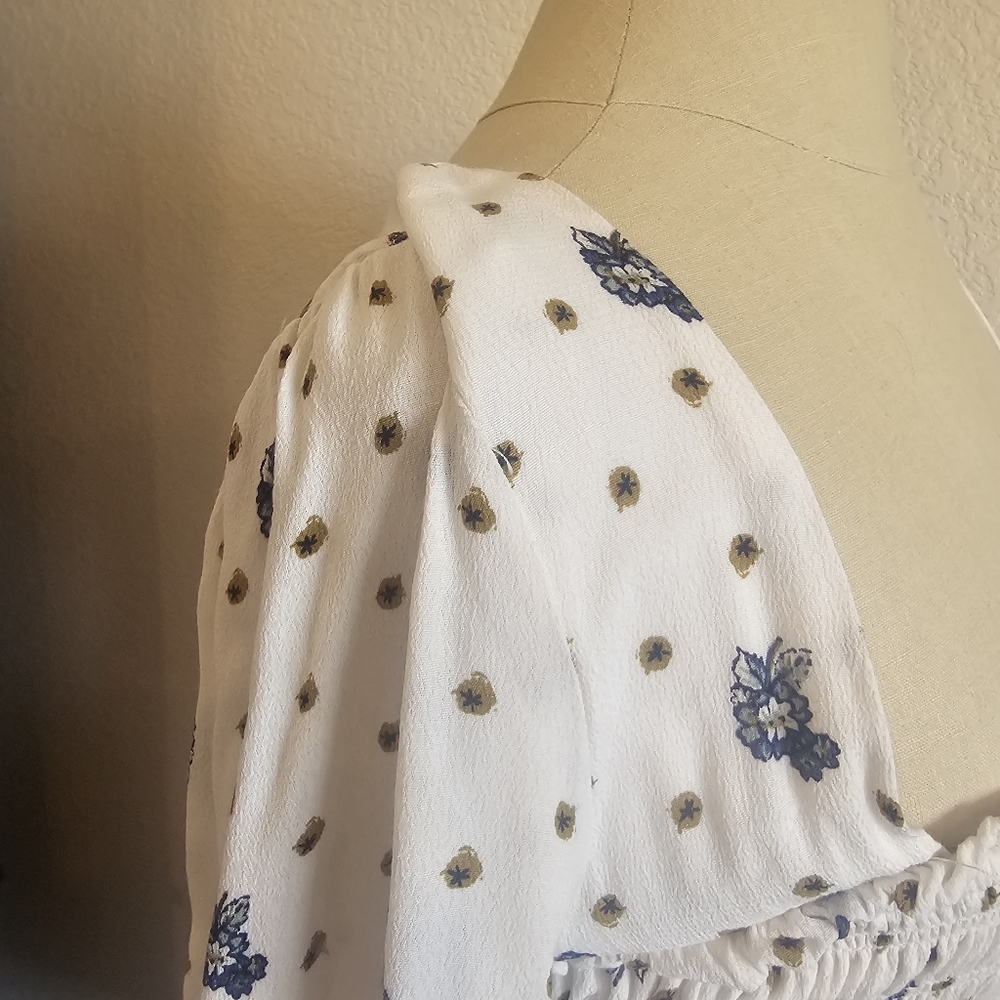FREE PEOPLE Two Faces Long Sleeve Ruched Short BoHo Floral Dress White/blue. XS - Picture 7 of 16